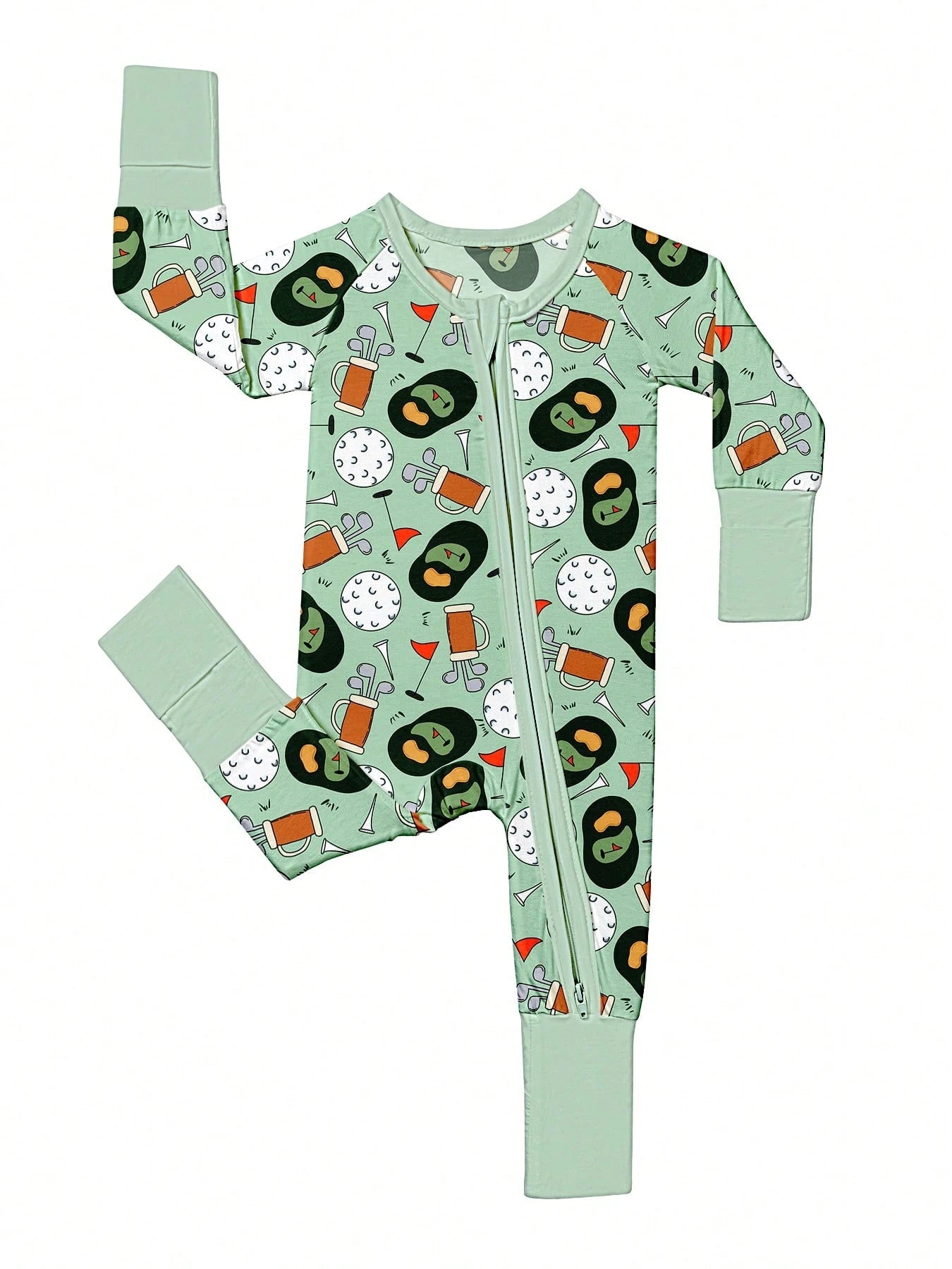 VISIKIDS Baby Bamboo Viscose Golf & Avocado Print Long Sleeve 2-Way Zip Up Romper, One Piece Outfit For Newborn Infants 0-24M, Sage Green