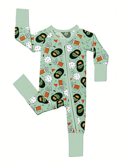 VISIKIDS Baby Bamboo Viscose Golf & Avocado Print Long Sleeve 2-Way Zip Up Romper, One Piece Outfit For Newborn Infants 0-24M, Sage Green