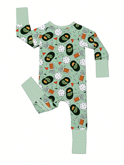 VISIKIDS Baby Bamboo Viscose Golf & Avocado Print Long Sleeve 2-Way Zip Up Romper, One Piece Outfit For Newborn Infants 0-24M, Sage Green
