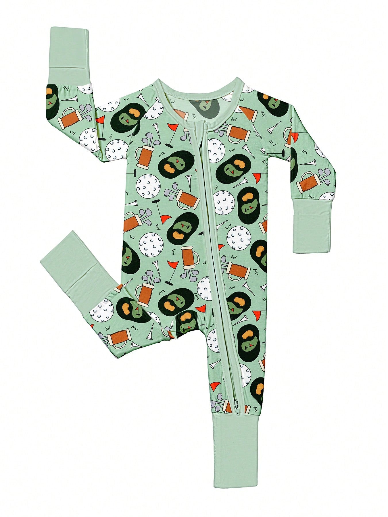 VISIKIDS Baby Bamboo Viscose Golf & Avocado Print Long Sleeve 2-Way Zip Up Romper, One Piece Outfit For Newborn Infants 0-24M, Sage Green
