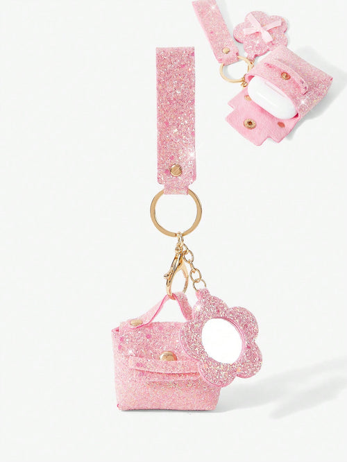 Viva Strut Ladies Fashionable Sweet Cool Spice Girl Shiny Headphone Bag Pendant Small Mirror Mini Bag Keychain Korean Version Pendant Bag Storage Glitter Pendant