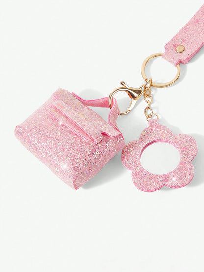 Viva Strut Ladies Fashionable Sweet Cool Spice Girl Shiny Headphone Bag Pendant Small Mirror Mini Bag Keychain Korean Version Pendant Bag Storage Glitter Pendant
