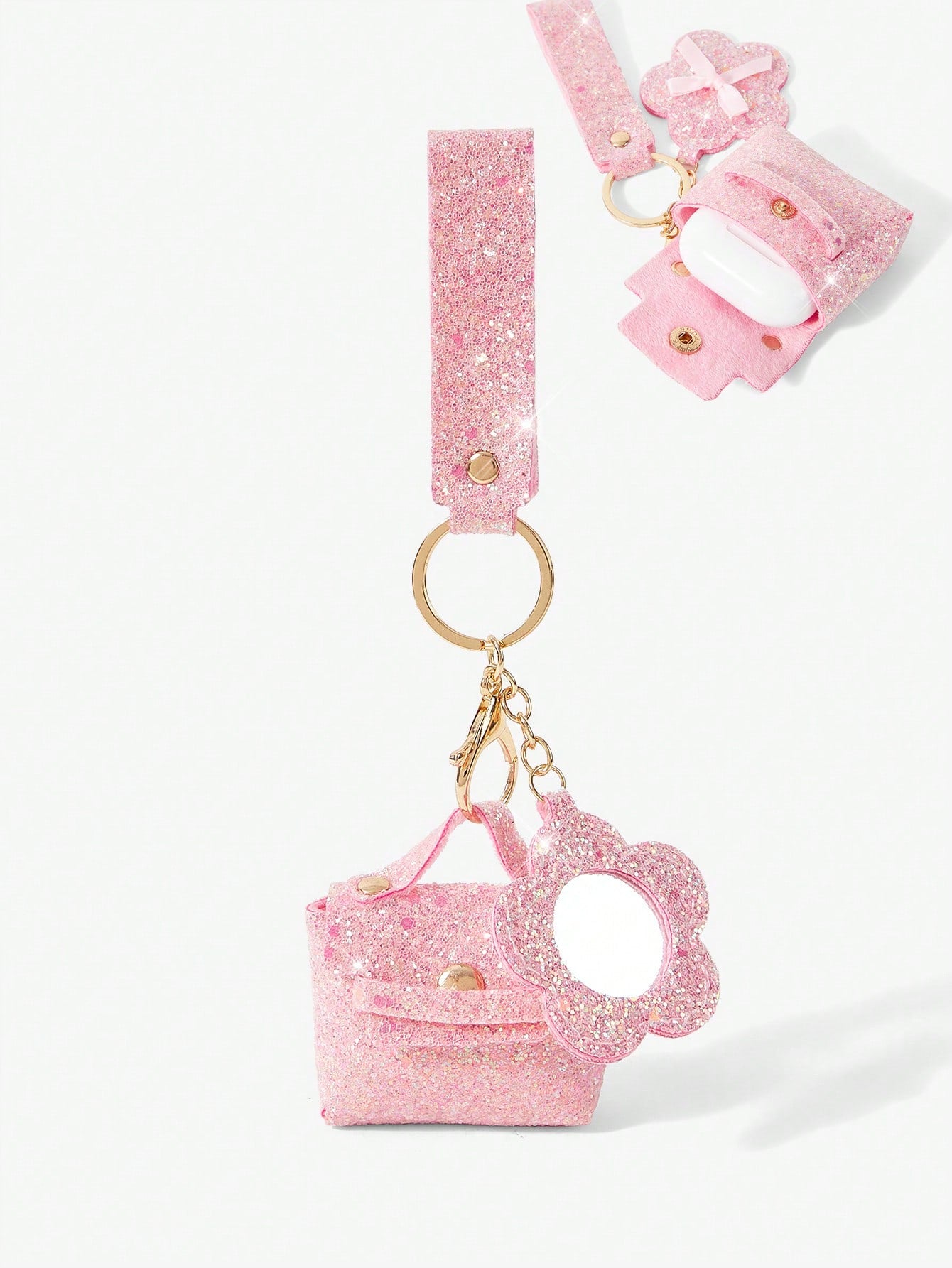 Viva Strut Ladies Fashionable Sweet Cool Spice Girl Shiny Headphone Bag Pendant Small Mirror Mini Bag Keychain Korean Version Pendant Bag Storage Glitter Pendant