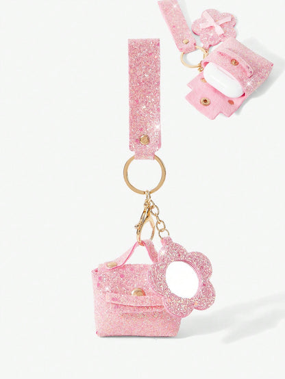 Viva Strut Ladies Fashionable Sweet Cool Spice Girl Shiny Headphone Bag Pendant Small Mirror Mini Bag Keychain Korean Version Pendant Bag Storage Glitter Pendant