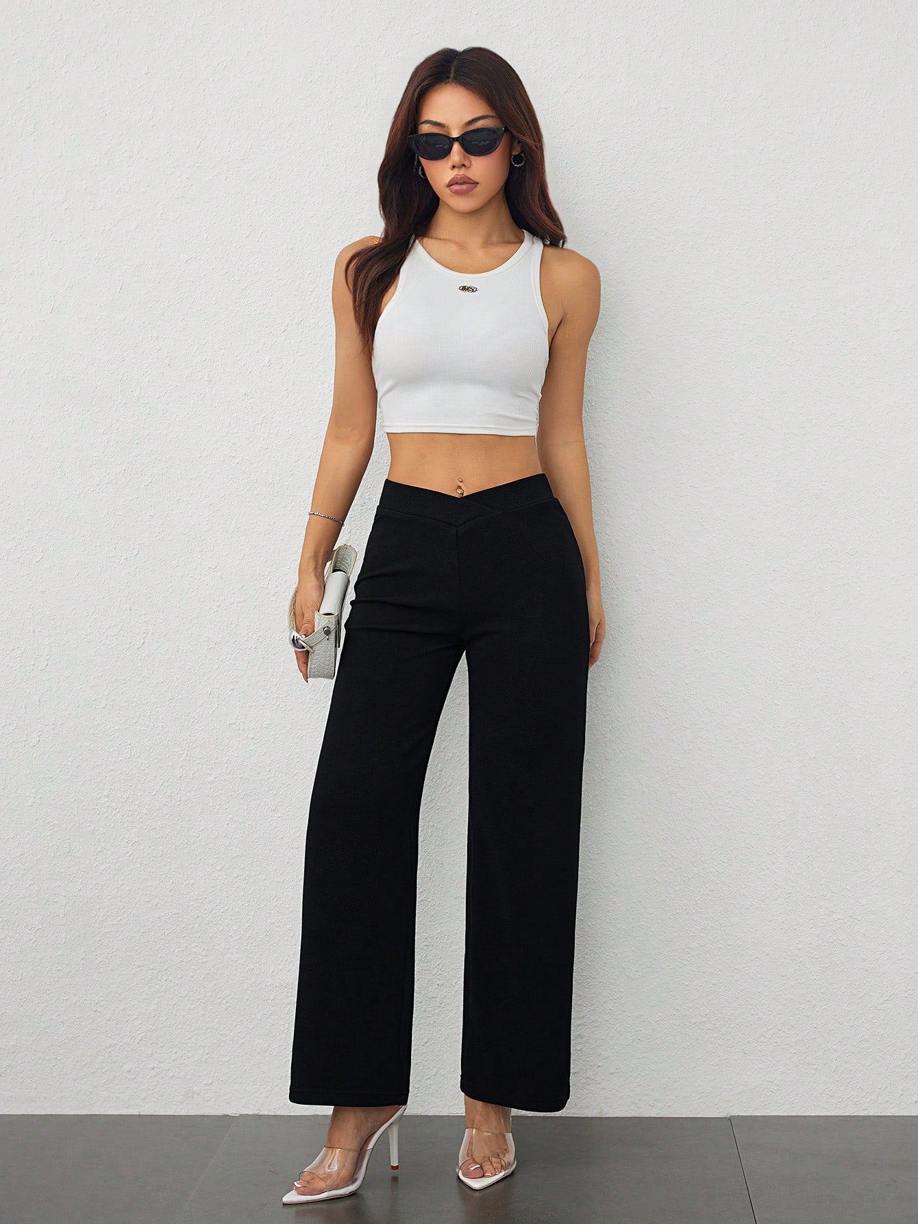 Vivamere Women's Casual Elegant Waist Cross Fit Straight Pants,Petite Women