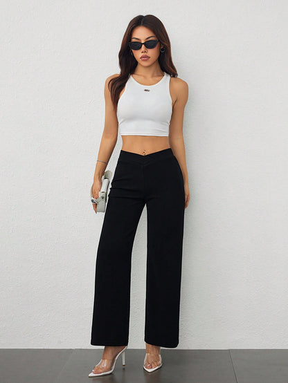 Vivamere Women's Casual Elegant Waist Cross Fit Straight Pants,Petite Women