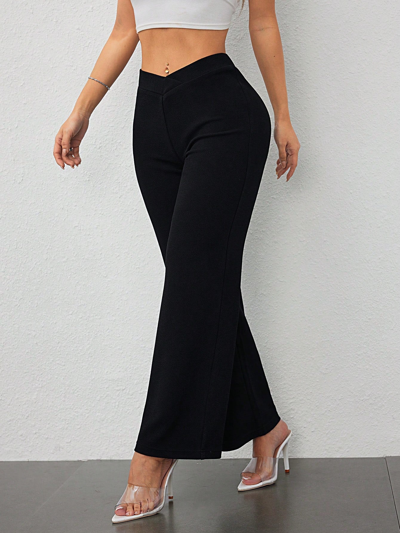Vivamere Women's Casual Elegant Waist Cross Fit Straight Pants,Petite Women