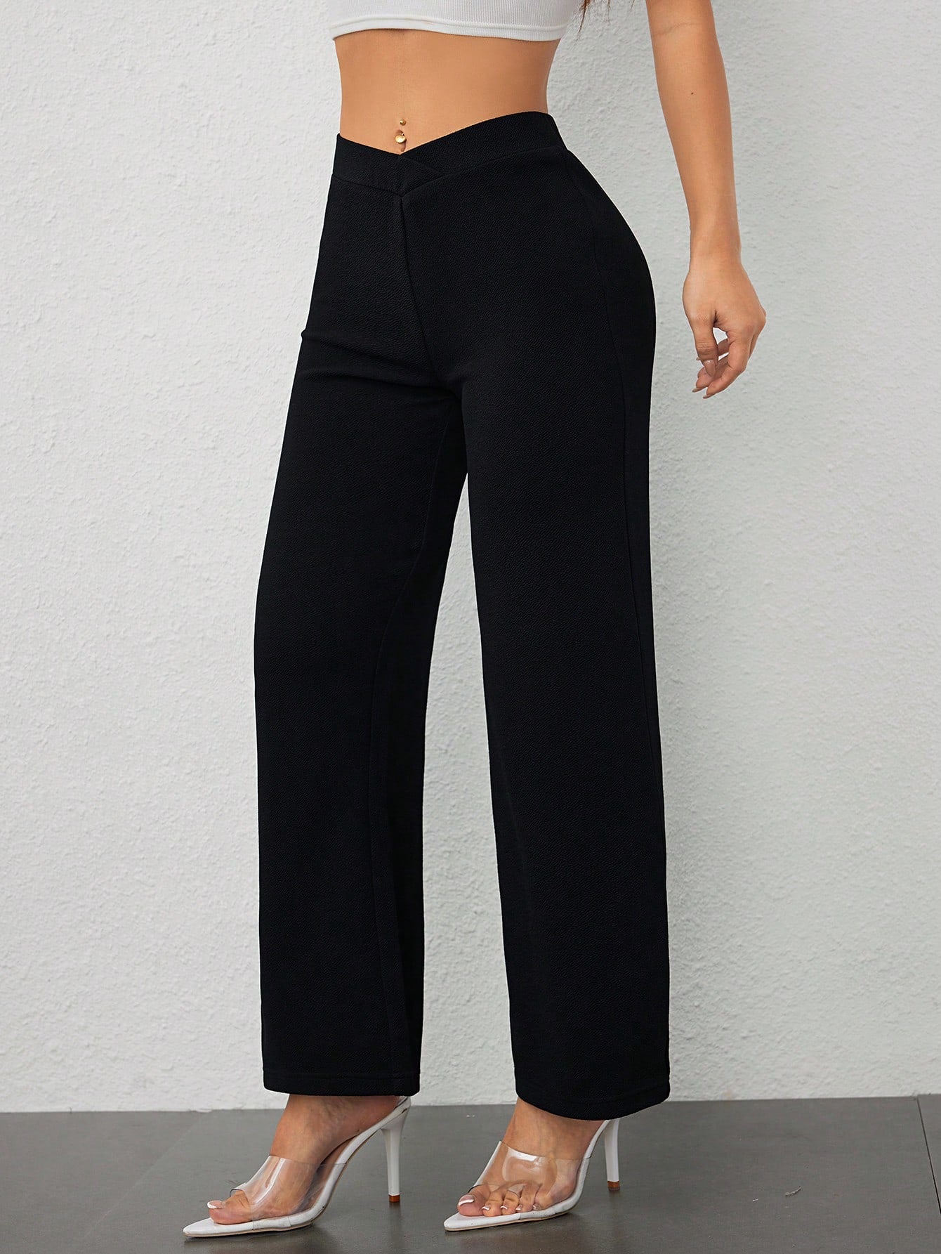 Vivamere Women's Casual Elegant Waist Cross Fit Straight Pants,Petite Women
