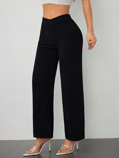 Vivamere Women's Casual Elegant Waist Cross Fit Straight Pants,Petite Women