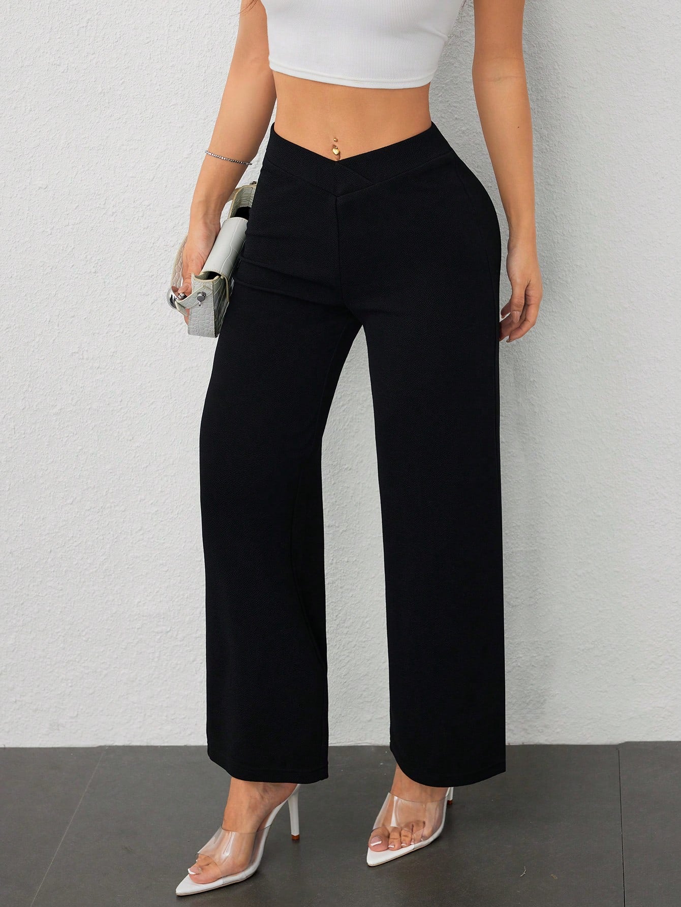 Vivamere Women's Casual Elegant Waist Cross Fit Straight Pants,Petite Women