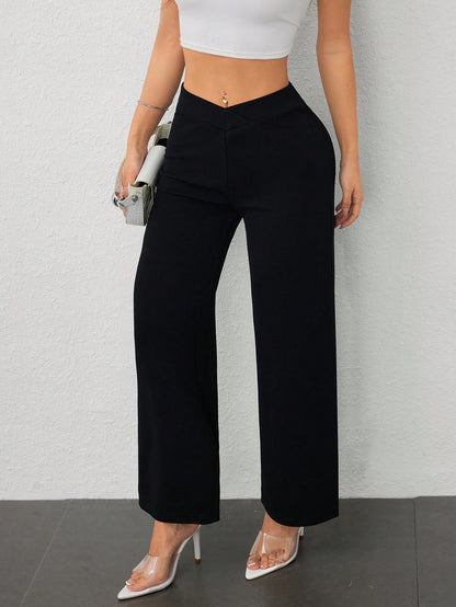 Vivamere Women's Casual Elegant Waist Cross Fit Straight Pants,Petite Women