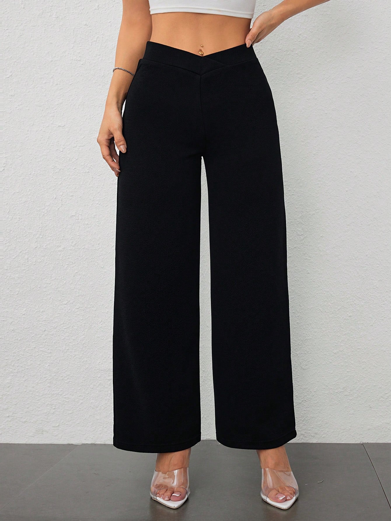 Vivamere Women's Casual Elegant Waist Cross Fit Straight Pants,Petite Women