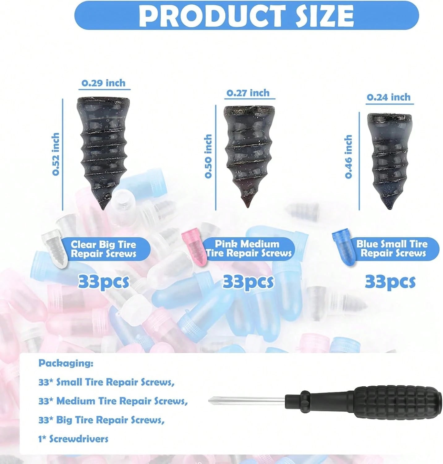 VKQTS 100PCS Tire Repair Kit,Self-Service Tire Screw Plug Repair Kit Includes 3-Size Plugs &Amp; Screwdrivers,Professional Screw In Tires Plugs Kits For Quick Repairing Tires Puncture