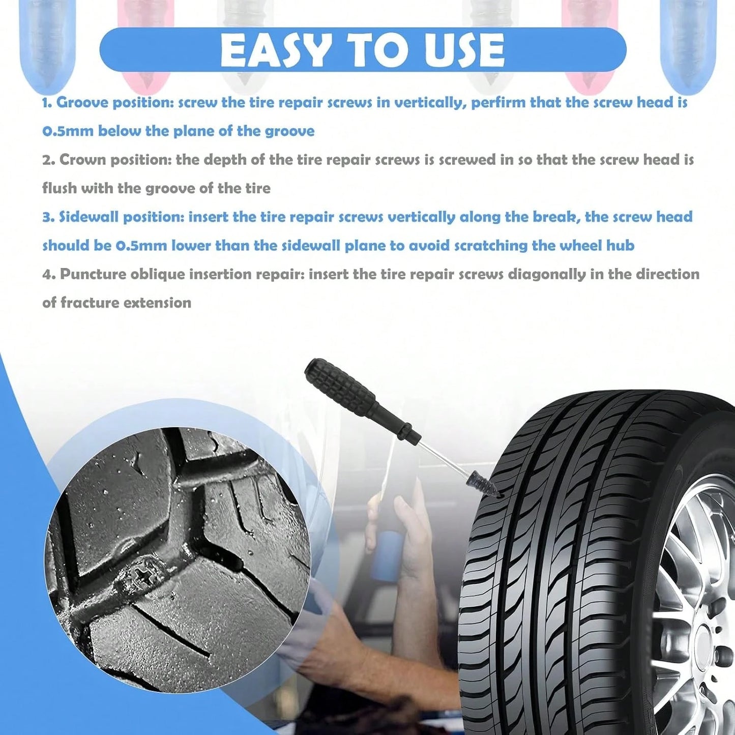 VKQTS 100PCS Tire Repair Kit,Self-Service Tire Screw Plug Repair Kit Includes 3-Size Plugs &Amp; Screwdrivers,Professional Screw In Tires Plugs Kits For Quick Repairing Tires Puncture