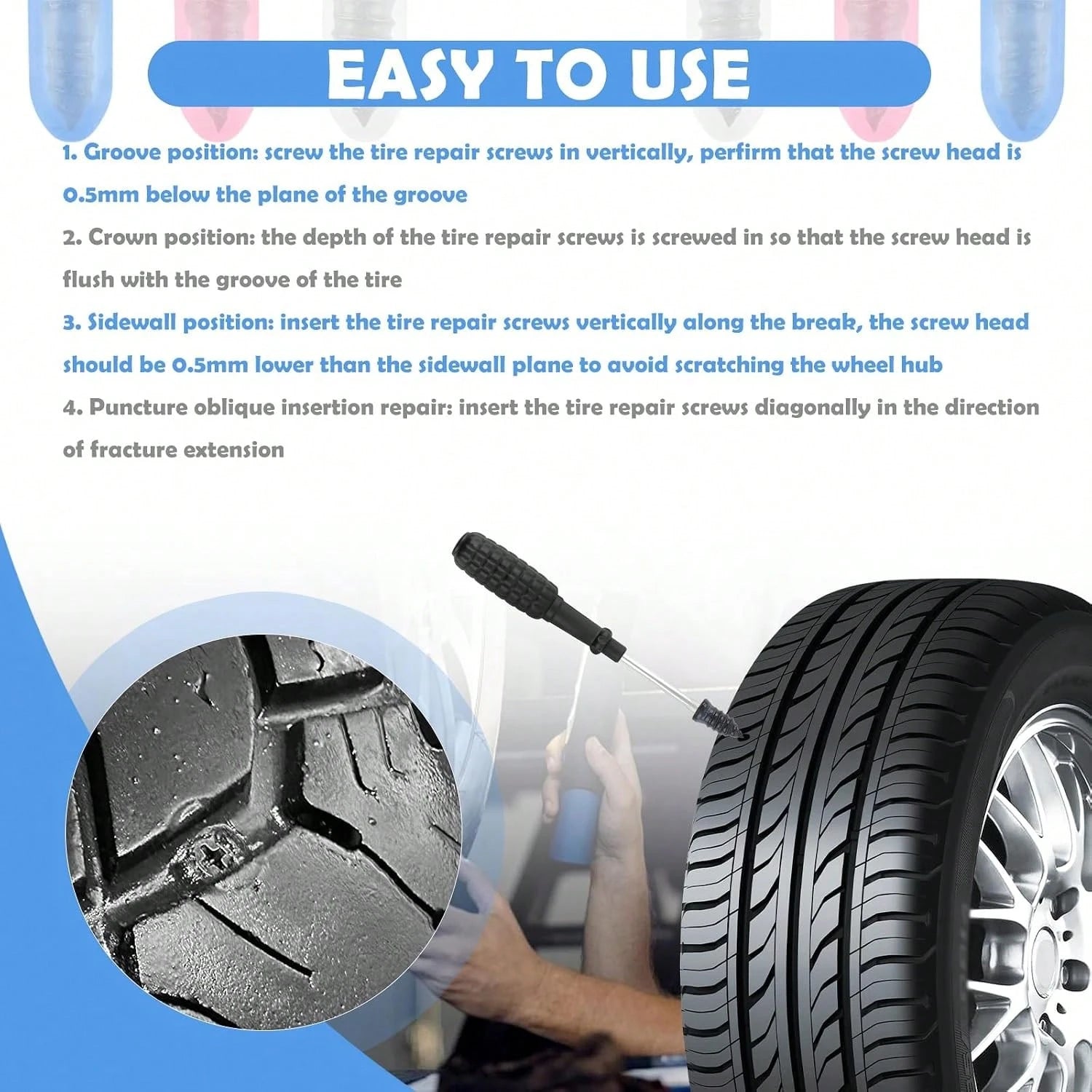 VKQTS 100PCS Tire Repair Kit,Self-Service Tire Screw Plug Repair Kit Includes 3-Size Plugs &Amp; Screwdrivers,Professional Screw In Tires Plugs Kits For Quick Repairing Tires Puncture