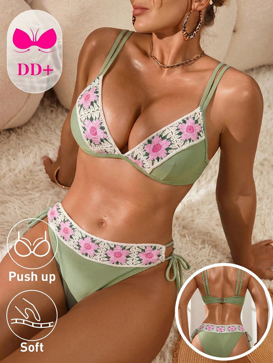 Voyashape Women's Crochet Bikini Set For Beach Vacation Party Flower Girl Holiday Sage Green Summer Boho Tropical