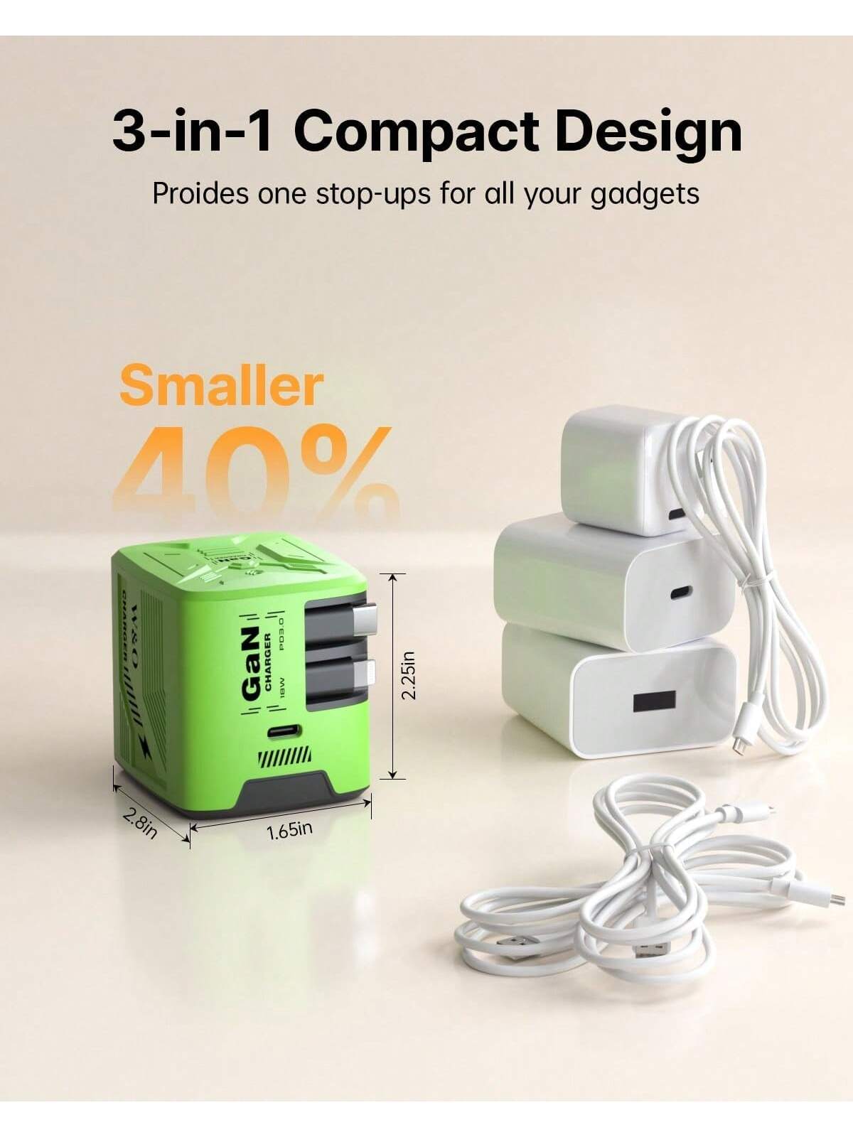 W&O 2025 New 120W Phone Charger, GaN Fast Charging Charger-Easily Enhance Your Charging Game: Efficient USB-C Foldable Travel Charger With 2 Cables,With 1 Type C Port- Suitable For Charging Various E