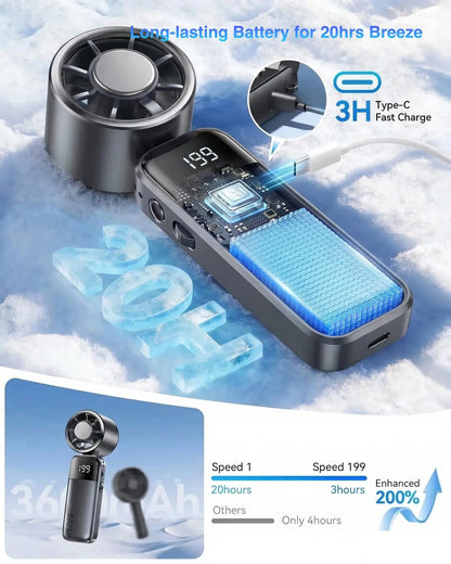 W&O 2026 New Mini Ice Cooling Portable Handheld Fan, Pocket Personal Fan With Rechargeable Battery, 20hrs Long-Lasting Work, 199 Speed Wind With High-Speed Motor, For Travel/Work/Indoor/Outdoor