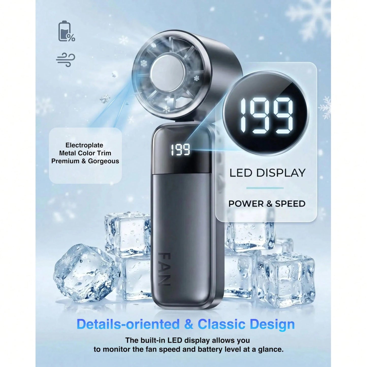 W&O 2026 New Mini Ice Cooling Portable Handheld Fan, Pocket Personal Fan With Rechargeable Battery, 20hrs Long-Lasting Work, 199 Speed Wind With High-Speed Motor, For Travel/Work/Indoor/Outdoor