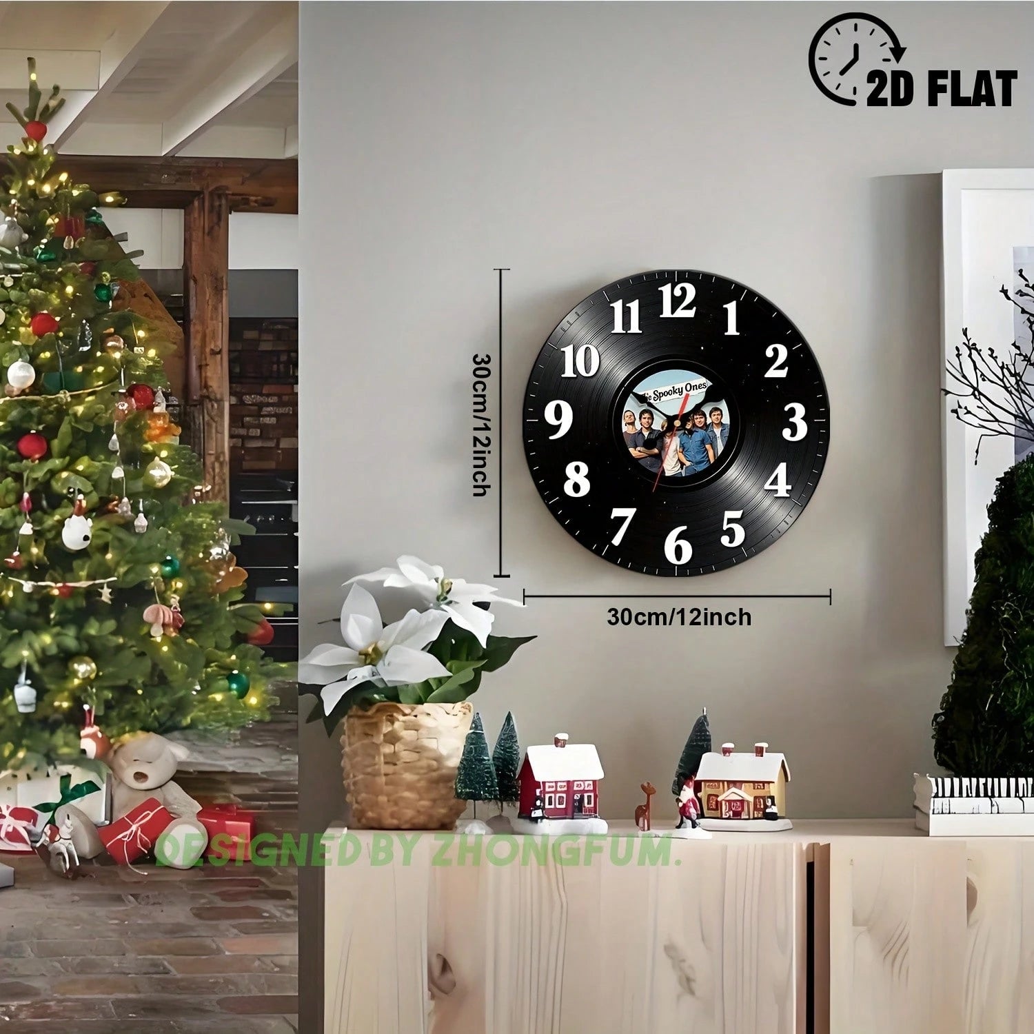Wall Clock Decoration, With A Photo Of A Band In The Center. 2D Flat Pattern Wooden Silent Non-Ticking Bedroom Clock, Suitable For School