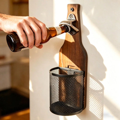 Wall-Mounted Wooden Beer Bottle Opener With Mesh Bag, Painless Bottle Opener- Essential Beer Accessory For Home Bar, Kitchen, Garden And Outdoor, Perfect Gift For Beer Lovers