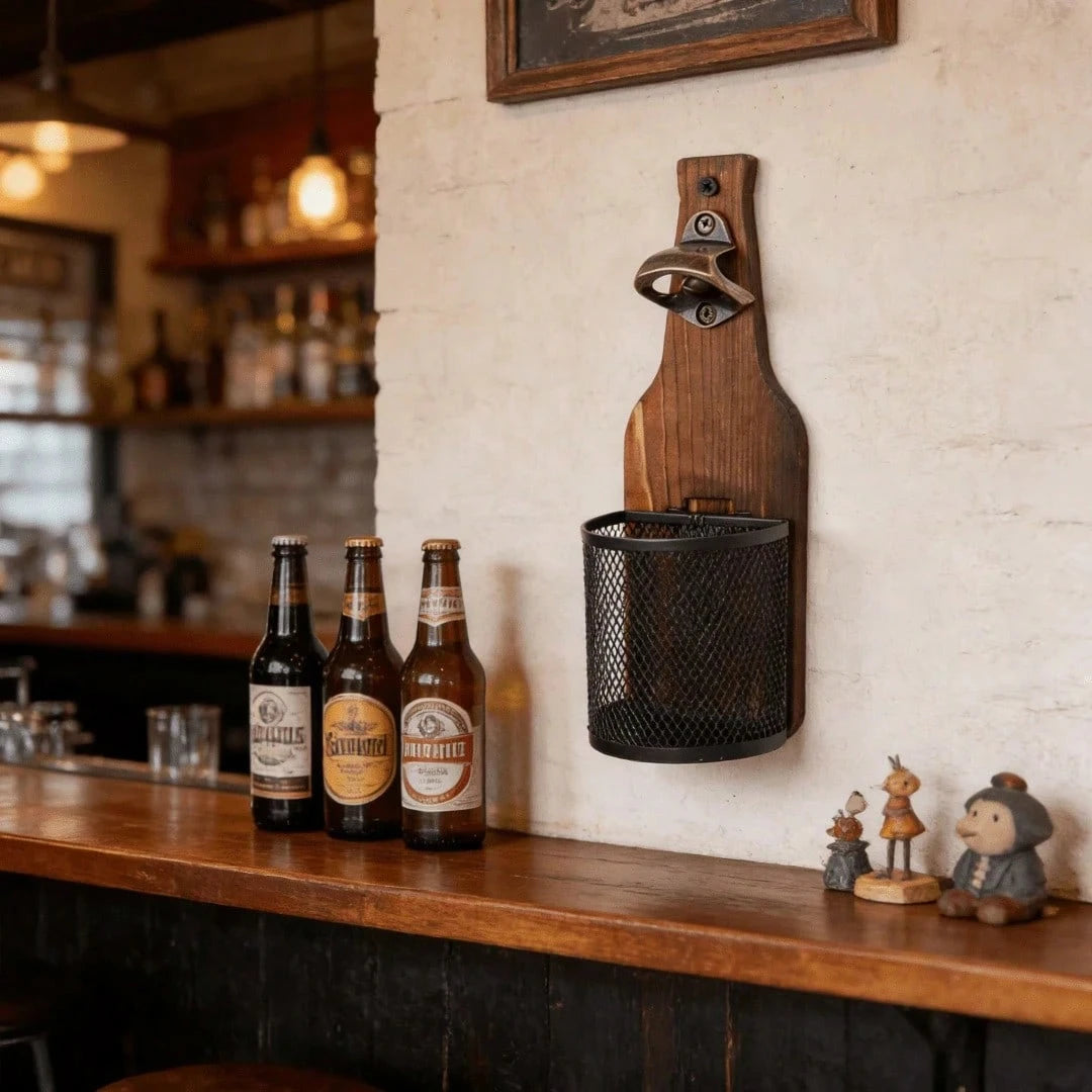 Wall-Mounted Wooden Beer Bottle Opener With Mesh Bag, Painless Bottle Opener- Essential Beer Accessory For Home Bar, Kitchen, Garden And Outdoor, Perfect Gift For Beer Lovers