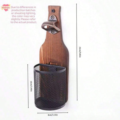Wall-Mounted Wooden Beer Bottle Opener With Mesh Bag, Painless Bottle Opener- Essential Beer Accessory For Home Bar, Kitchen, Garden And Outdoor, Perfect Gift For Beer Lovers