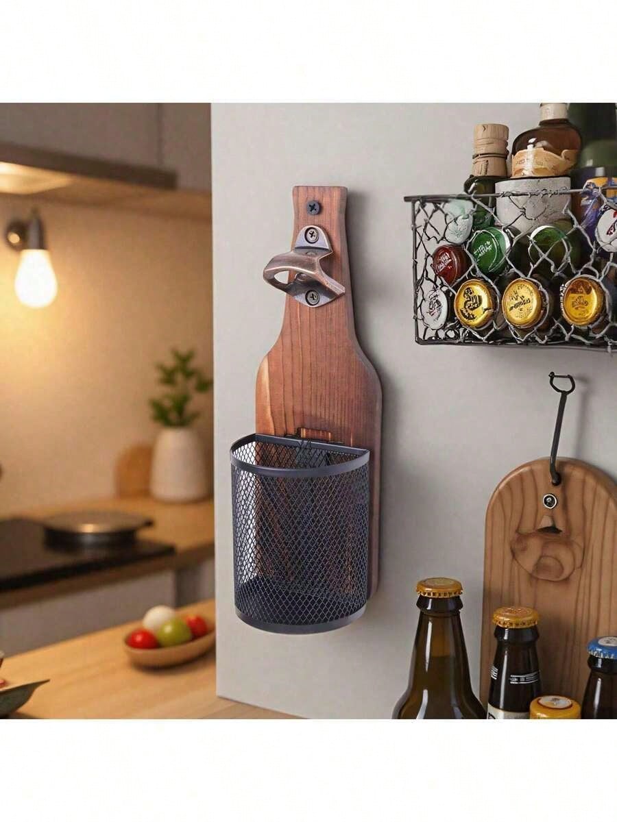 Wall-Mounted Wooden Beer Bottle Opener With Mesh Bag, Painless Bottle Opener- Essential Beer Accessory For Home Bar, Kitchen, Garden And Outdoor, Perfect Gift For Beer Lovers