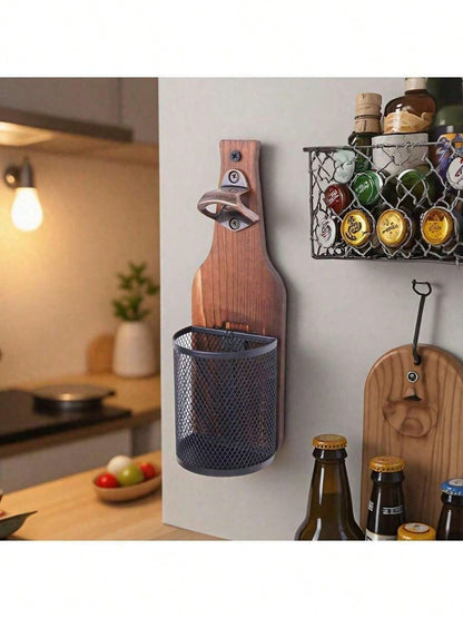 Wall-Mounted Wooden Beer Bottle Opener With Mesh Bag, Painless Bottle Opener- Essential Beer Accessory For Home Bar, Kitchen, Garden And Outdoor, Perfect Gift For Beer Lovers