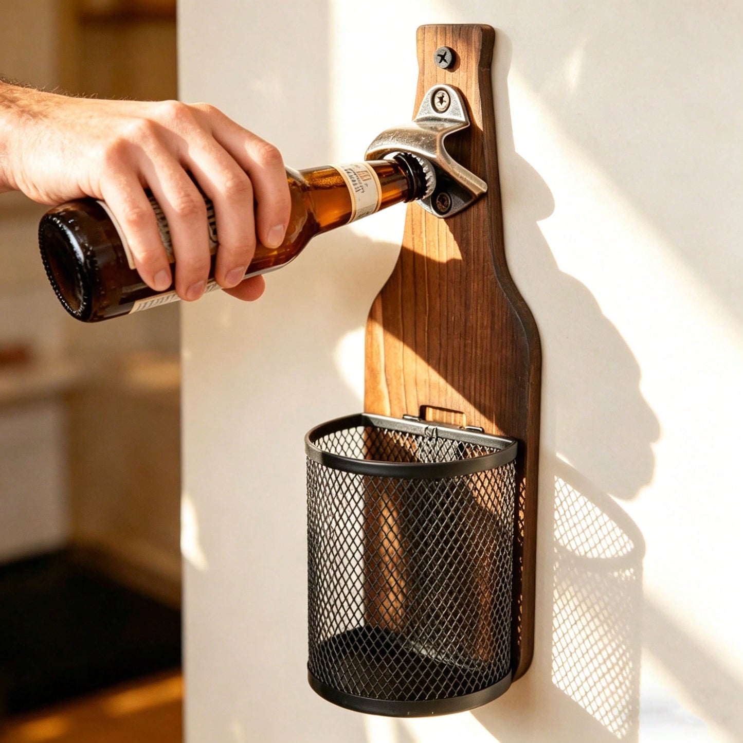 Wall-Mounted Wooden Beer Bottle Opener With Mesh Bag, Painless Bottle Opener- Essential Beer Accessory For Home Bar, Kitchen, Garden And Outdoor, Perfect Gift For Beer Lovers