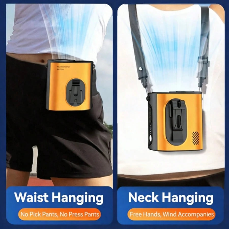 Wearable Waist Hanging Fan, 3600mAh Rechargeable Battery Powered, 5 Wind Speed Levels, LED Lighting & Cooling Function, Can Be Used As Waist/Neck Fan Or Desk Fan, Supports Emergency Phone Charging, Su