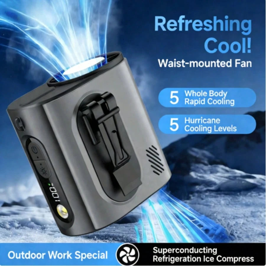 Wearable Waist Hanging Fan, 3600mAh Rechargeable Battery Powered, 5 Wind Speed Levels, LED Lighting & Cooling Function, Can Be Used As Waist/Neck Fan Or Desk Fan, Supports Emergency Phone Charging, Su