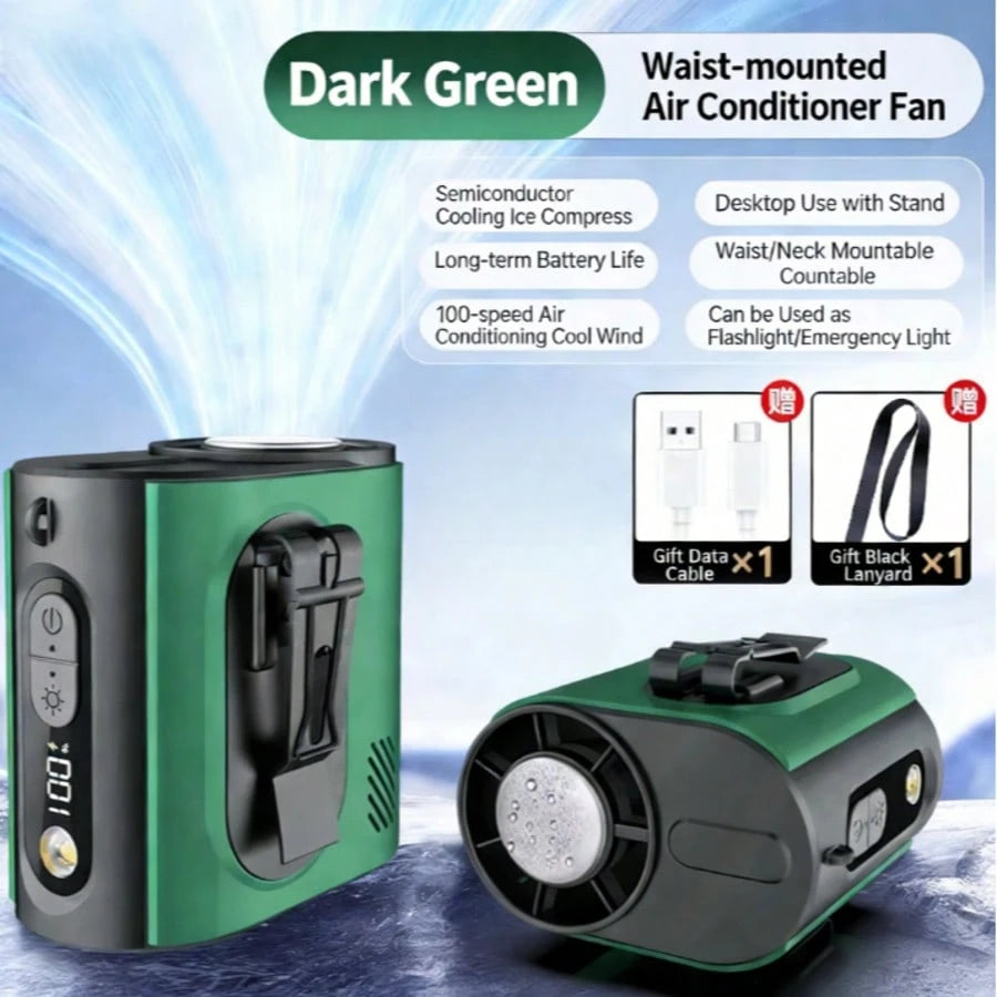 Wearable Waist Hanging Fan, 3600mAh Rechargeable Battery Powered, 5 Wind Speed Levels, LED Lighting & Cooling Function, Can Be Used As Waist/Neck Fan Or Desk Fan, Supports Emergency Phone Charging, Su