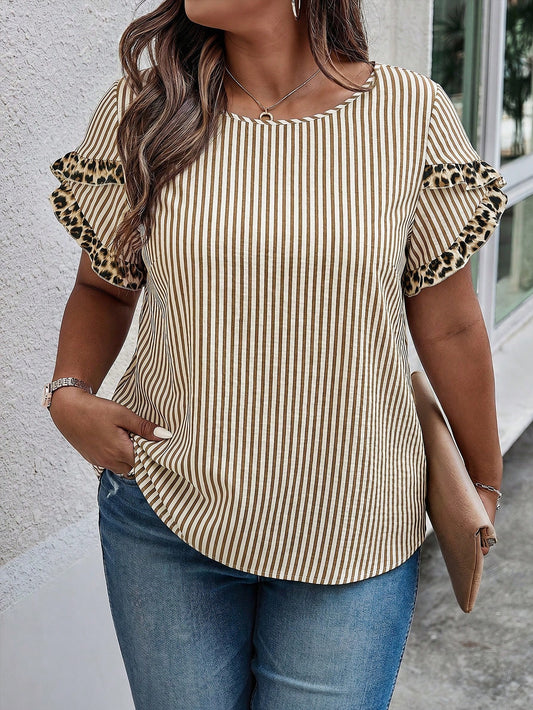 Weeklong Plus Size Women's Casual Elegant Vacation Round Neck Striped Contrast Leopard Print Petal Sleeve Shirt, Spring/Summer Office Formal Formal White Chic