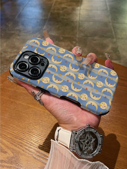 WeiMi 1pc Fashionable Colorful Dopamine Moon Striped Pattern Shockproof Anti-Slip Soft & Durable TPU+PC Hybrid Full Coverage Glossy Protective Phone Case Compatible With Apple Smartphones