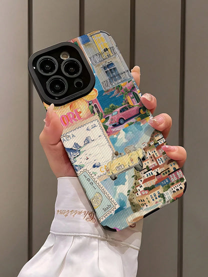 WeiMi 1pc Minimalist Car Town Striped Faux Leather Texture Shockproof Premium Soft Phone Case Compatible With IPhone And Galaxy 17/17PRO/17PROMAX/16/16PLUS/16PRO/16PROMAX