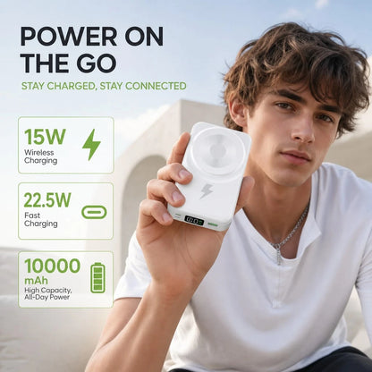 White And Green 10000mAh Magnetic Phone Charger With 15W Wireless And 22.5W Fast Charging, Featuring A Visible Power Percentage Screen, Green Ring Detail And Rear Fold-Out Stand, Suited To Compatible