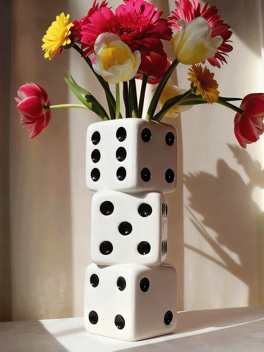 White Dice Vase, Minimalist Decorative Vase, Vintage Home Decor, Suitable For Tabletop, Bookshelf, Dining Table, Bar Cart And Vanity. Unique Cool Room Decor. Rama Gifts Vase, Perfect For Birthday, Gra