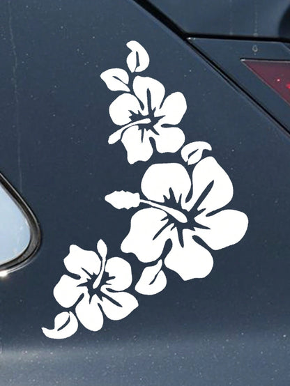 White Hibiscus Flower Car Window Sticker, Decorative Tropical Beach Ocean Waves Design, Adds Fresh Summer Vibes To Your Car