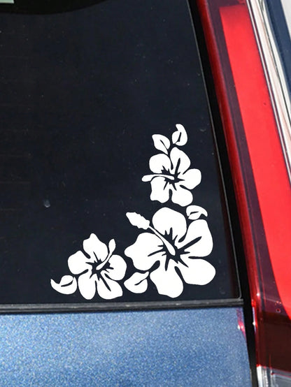 White Hibiscus Flower Car Window Sticker, Decorative Tropical Beach Ocean Waves Design, Adds Fresh Summer Vibes To Your Car