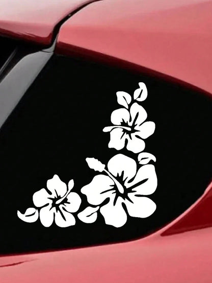 White Hibiscus Flower Car Window Sticker, Decorative Tropical Beach Ocean Waves Design, Adds Fresh Summer Vibes To Your Car