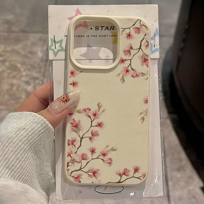 White Minimalist Leather Texture Pink Floral Flower Pattern Fashion 1pc Phone Case, Compatible With IPhone 16 Pro Max, 15/14 Plus, 13, 12, 11 Protective Cover Waterproof Shockproof Anti-Fall Scratch R