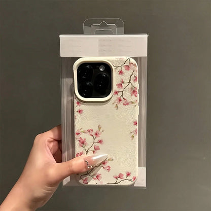 White Minimalist Leather Texture Pink Floral Flower Pattern Fashion 1pc Phone Case, Compatible With IPhone 16 Pro Max, 15/14 Plus, 13, 12, 11 Protective Cover Waterproof Shockproof Anti-Fall Scratch R