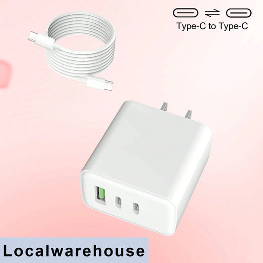 White US Plug A/B Type 110-127V Wall Charger 3-Port Wall Charger (2USB-C + 1USB-A) + Type-C To Type-C Cable Kit (White) Compatible With Apple 15/16 Series Local Warehouse Valentine's Day Gift