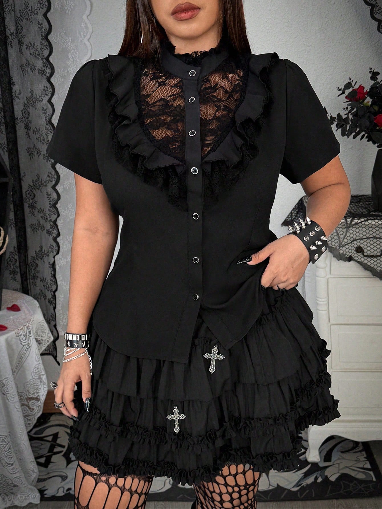 Whyspr Plus Size Women's Retro Punk Goth Black Autumn Elegant Formal Evening Lace Patchwork Ruffle Collar Button-Up Short Sleeve Shirt Blouse
