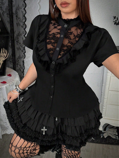 Whyspr Plus Size Women's Retro Punk Goth Black Autumn Elegant Formal Evening Lace Patchwork Ruffle Collar Button-Up Short Sleeve Shirt Blouse