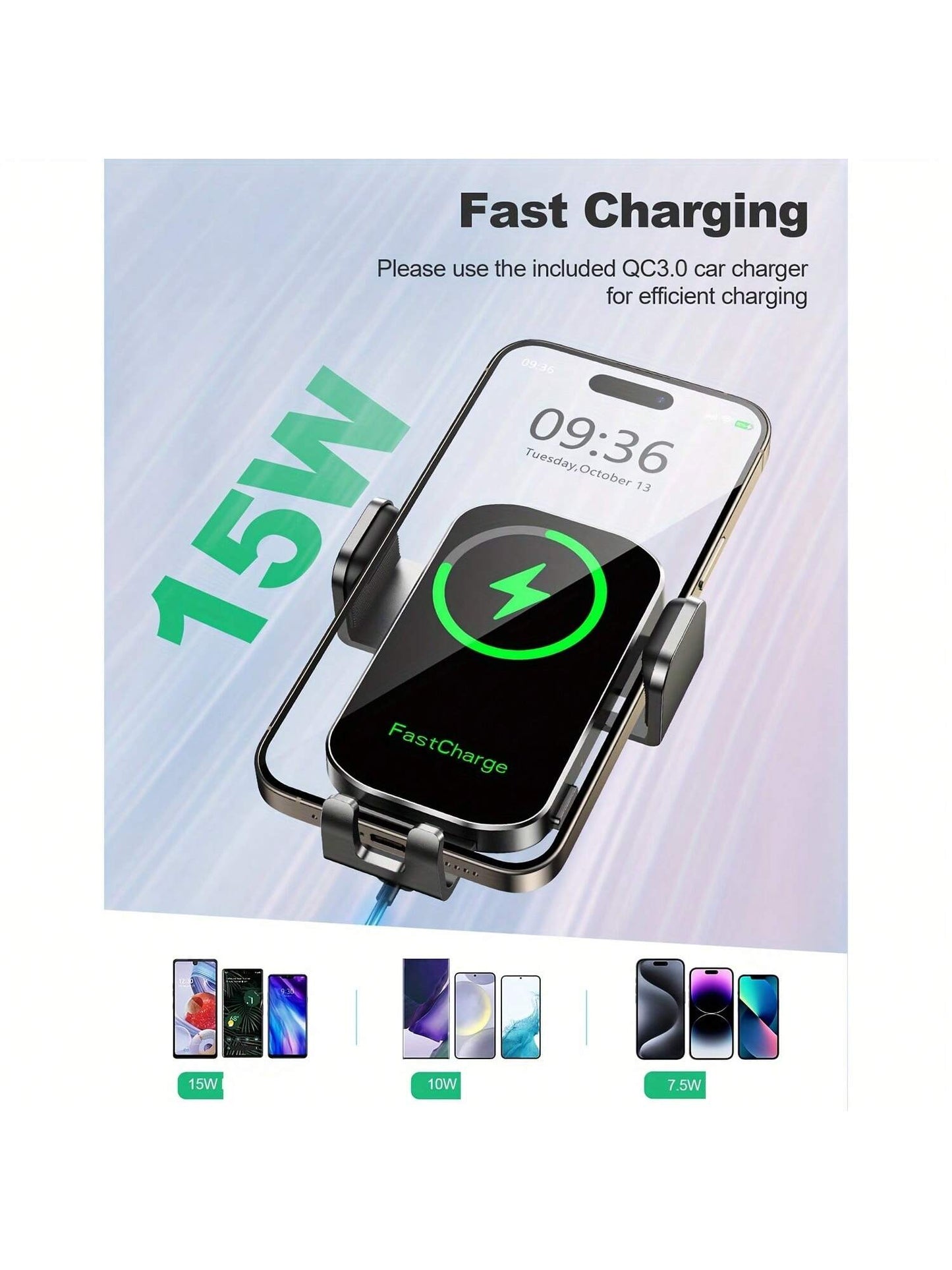 Wireless Car Phone Holder Charger- 15W Fast Auto Clamping Mount With Dash And Windshield Compatibility For 15, 14, 13, 12, 11 Pro Max, Easy Installation And Adjustable Viewing Angle Fast Charging Ada