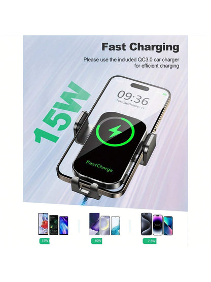Wireless Car Phone Holder Charger- 15W Fast Auto Clamping Mount With Dash And Windshield Compatibility For 15, 14, 13, 12, 11 Pro Max, Easy Installation And Adjustable Viewing Angle Fast Charging Ada