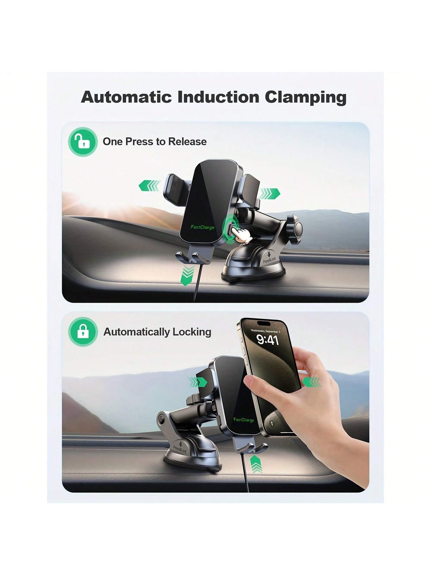 Wireless Car Phone Holder Charger- 15W Fast Auto Clamping Mount With Dash And Windshield Compatibility For 15, 14, 13, 12, 11 Pro Max, Easy Installation And Adjustable Viewing Angle Fast Charging Ada