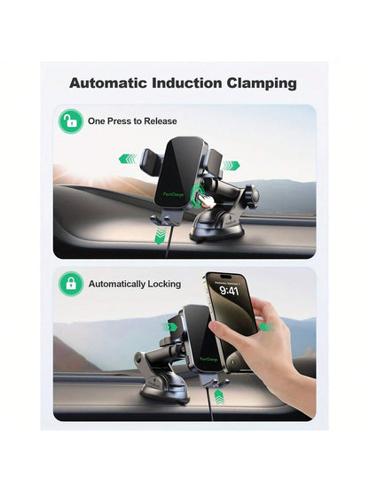 Wireless Car Phone Holder Charger- 15W Fast Auto Clamping Mount With Dash And Windshield Compatibility For 15, 14, 13, 12, 11 Pro Max, Easy Installation And Adjustable Viewing Angle Fast Charging Ada